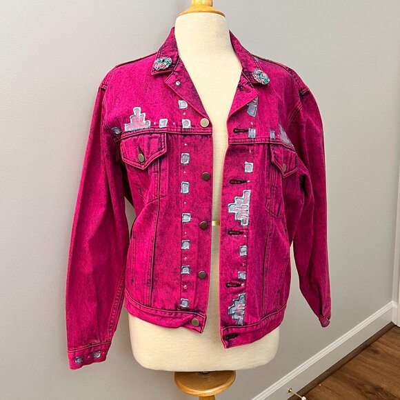 Vintage Sundance Denim Wear Jean Jacket Hand painted Southwestern Pink 80s 90s - Picture 11 of 12